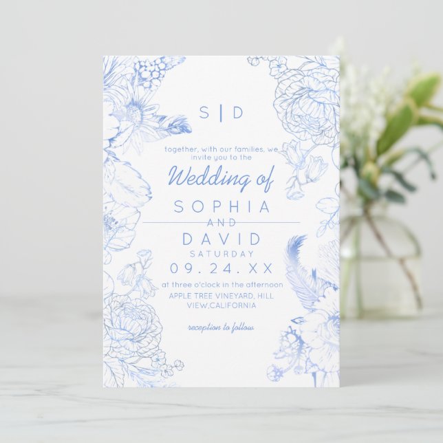 Elegance Rustic Blue Wildflower Wedding Invitation (Standing Front)