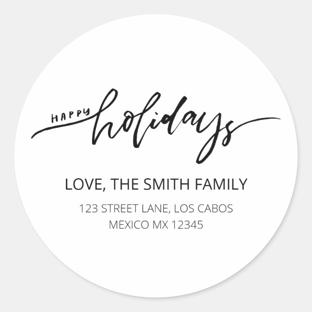 Elegance Script Happy Holidays Return Address Classic Round Sticker (Front)