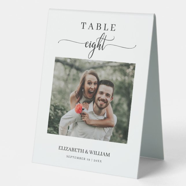 Elegance Script Photo Wedding Table Number Eight Table Tent (Front)