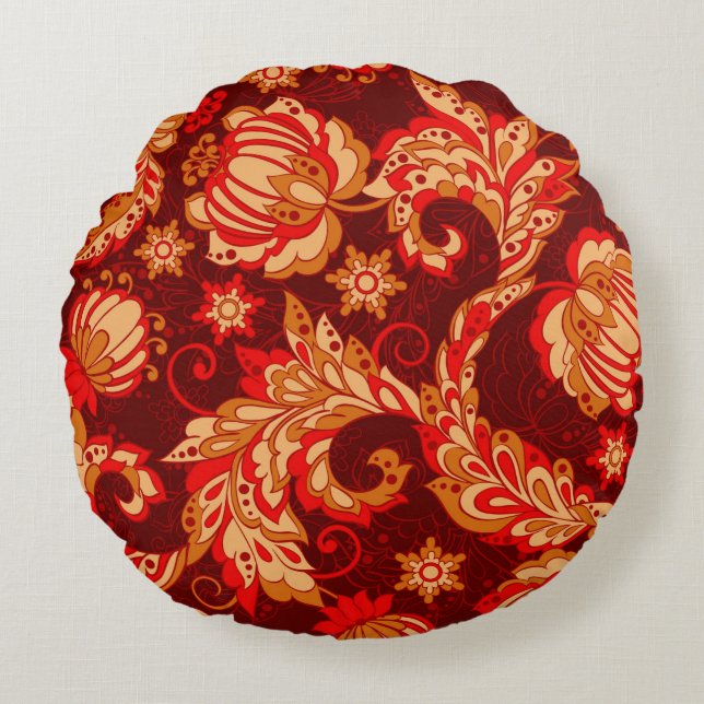 elegance seamless pattern with ethnic flowers, vin round pillow (Front)