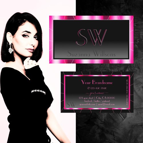 Elegance Shimmery Pink Black Ombre with Monogram Business Card