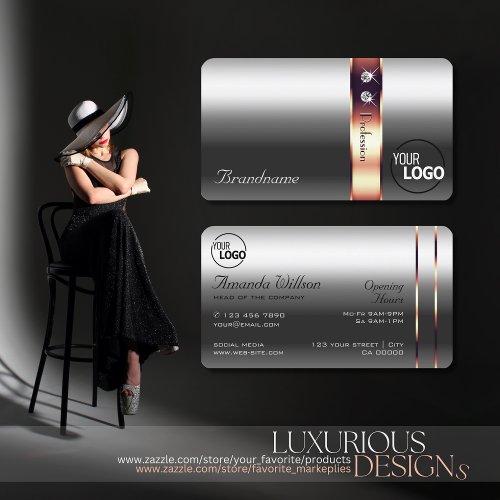 Elegance Silver Rose Gold Decor Diamonds and Logo Business Card