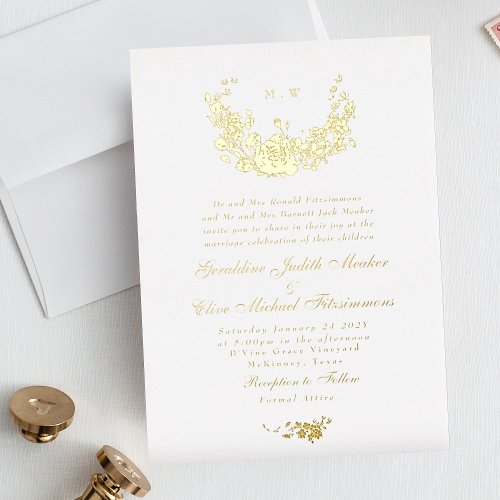 Elegance Subtle Real Gold Wreath Monogram Wedding Foil Invitation