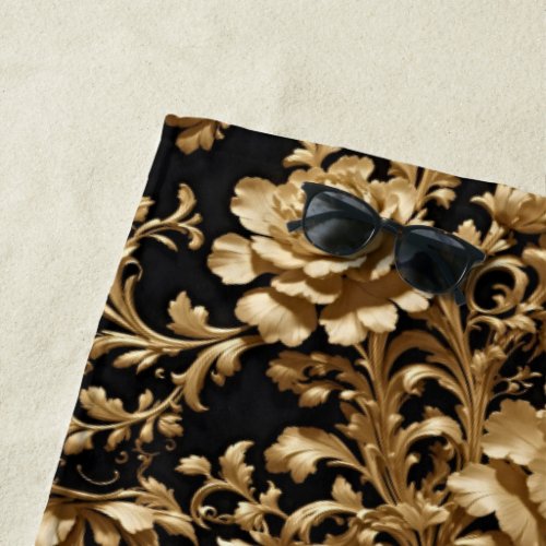 Elegance Unveiled Black and Gold Floral  Beach Towel