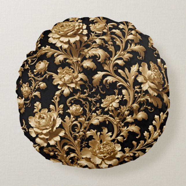 Elegance Unveiled: The Baroque Noir Floral Round Pillow (Front)