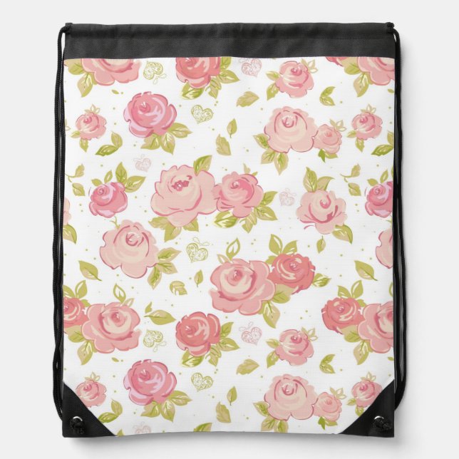 Elegance wallpaper pattern of pink roses 3 drawstring bag (Front)