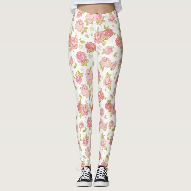 Elegance wallpaper pattern of pink roses 3 leggings (Front)