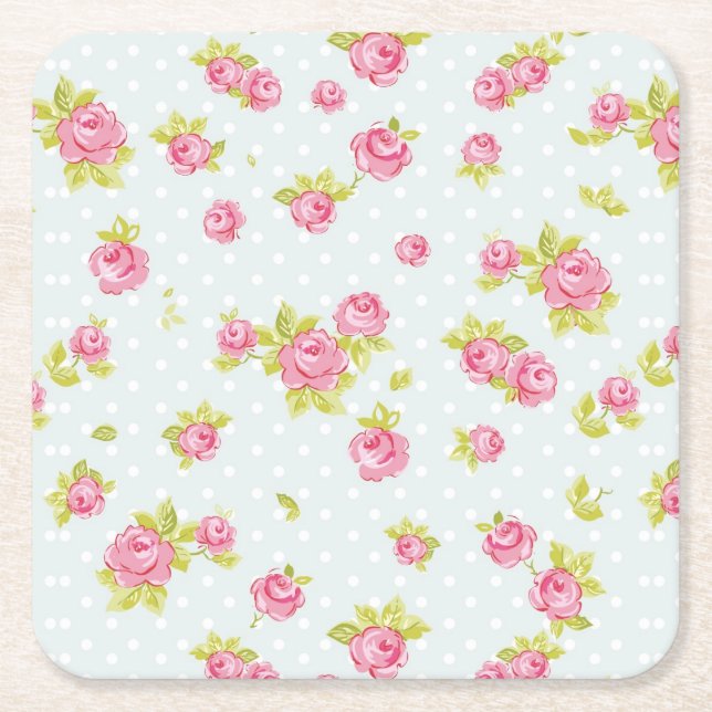 Elegance wallpaper pattern of pink roses 4 square paper coaster (Front)