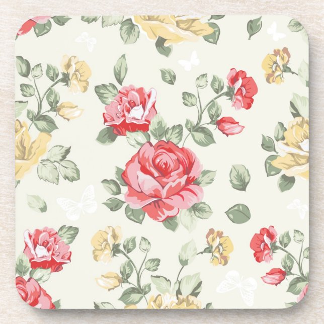 Elegance wallpaper pattern of pink roses beverage coaster (Front)