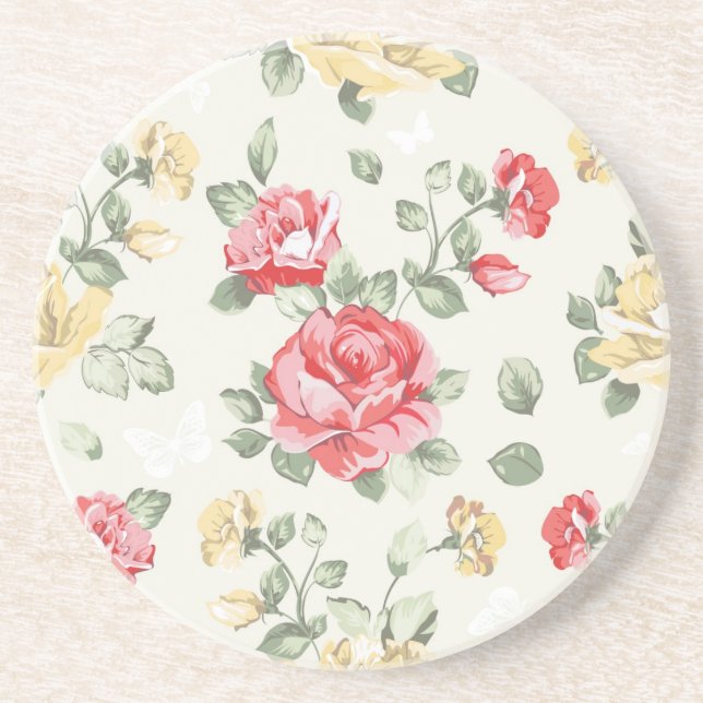 Elegance wallpaper pattern of pink roses drink coaster (Front)