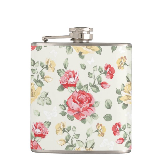 Elegance wallpaper pattern of pink roses hip flask (Front)