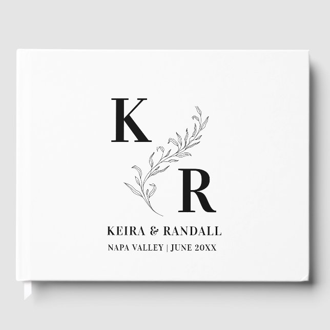 Elegance: Wedding Monogram Minimalist Black  White Guest Book (Front)
