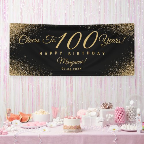 Elegant 100 Birthday Party Black Gold Name Script Banner