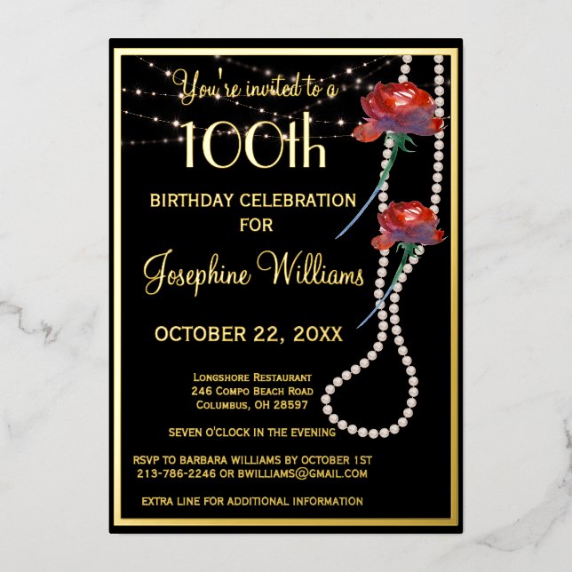 Elegant 100th Birthday Black REAL Gold  Foil Invitation (Front)