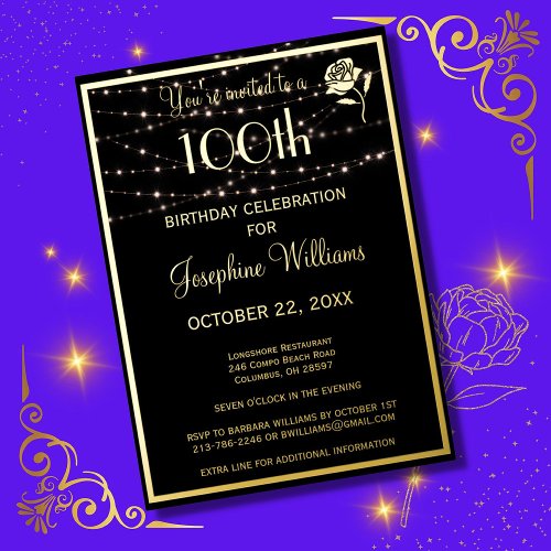 Elegant  100th Birthday Black REAL Gold    Foil Invitation