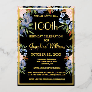 Elegant 100th Birthday Black REAL Gold  Foil Invitation