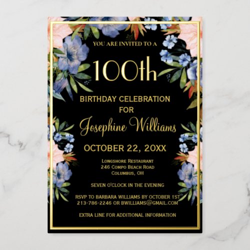 Elegant 100th Birthday Black REAL Gold  Foil Invitation