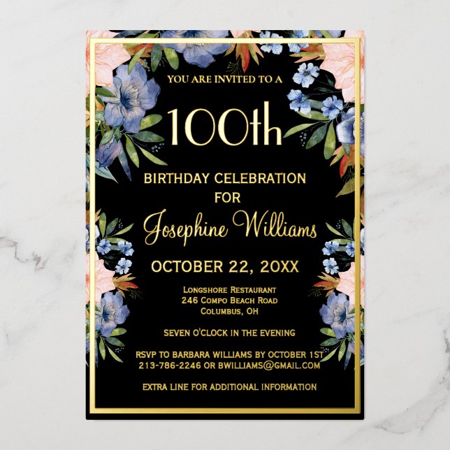 Elegant 100th Birthday Black REAL Gold  Foil Invitation (Front)