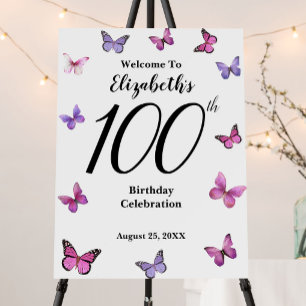 Elegant 100th Birthday Butterfly Welcome Foam Board