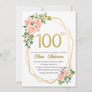 Elegant 100th  Birthday Celebration Watercolor Gli Invitation