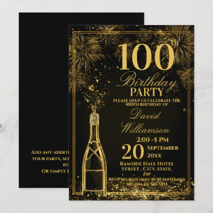 Elegant 100th Birthday Gold Bottle Fizz Invitation