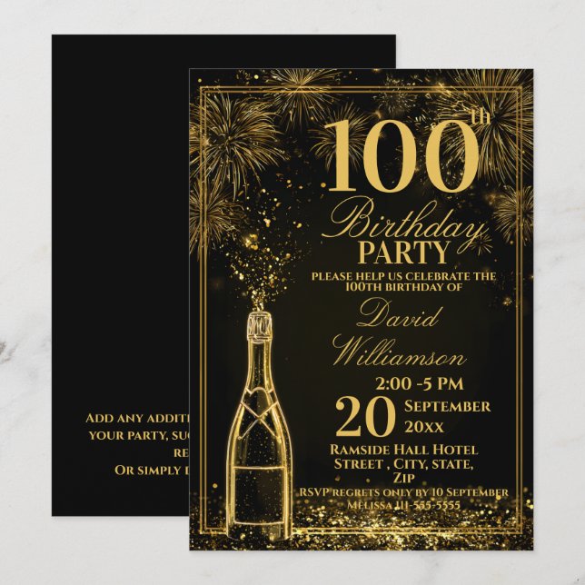 Elegant 100th Birthday Gold Bottle Fizz Invitation (Front/Back)