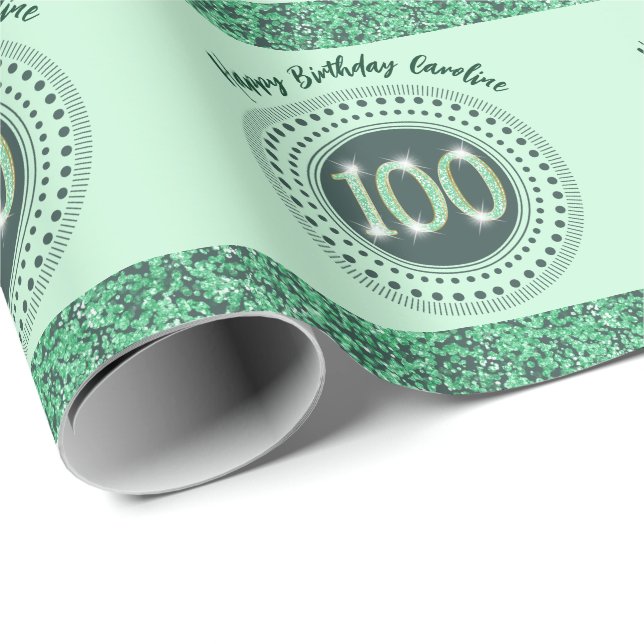 Elegant 100th Birthday Green Glitter with Stripes Wrapping Paper (Roll Corner)