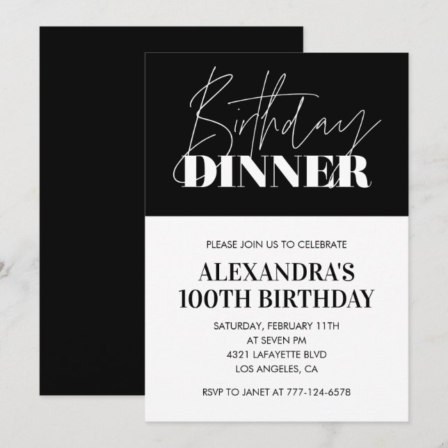 Elegant 100th birthday invitation Birthday Dinner  (Front/Back)