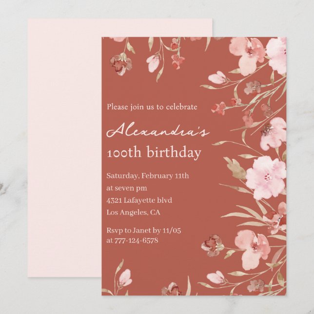 Elegant 100th birthday invitations Floral Chic  (Front/Back)