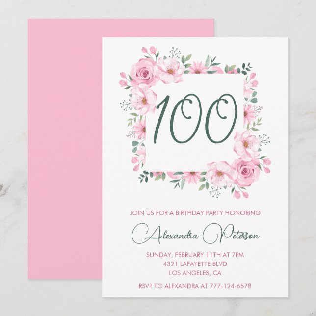 Elegant 100th birthday invitations Floral  Pink (Front/Back)
