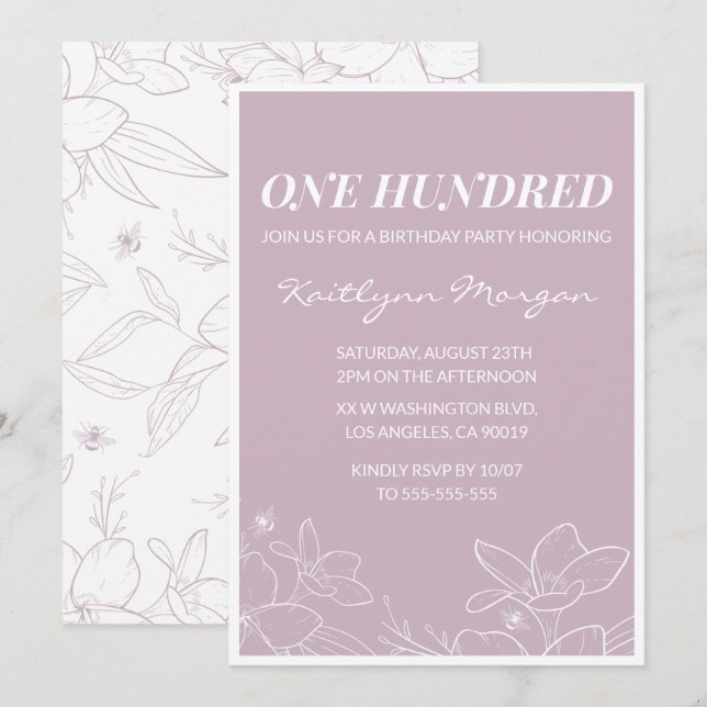 Elegant 100th birthday invitations Modern Floral (Front/Back)
