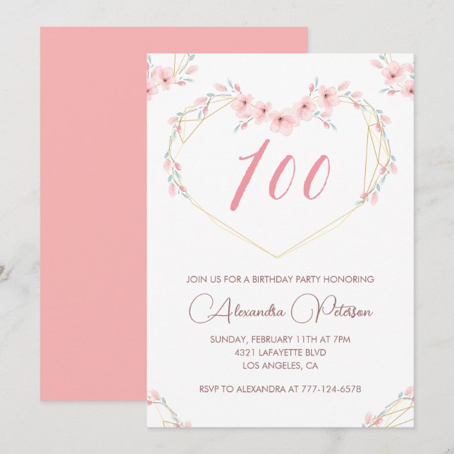 Elegant 100th birthday invitations Pink Floral  (Front/Back)