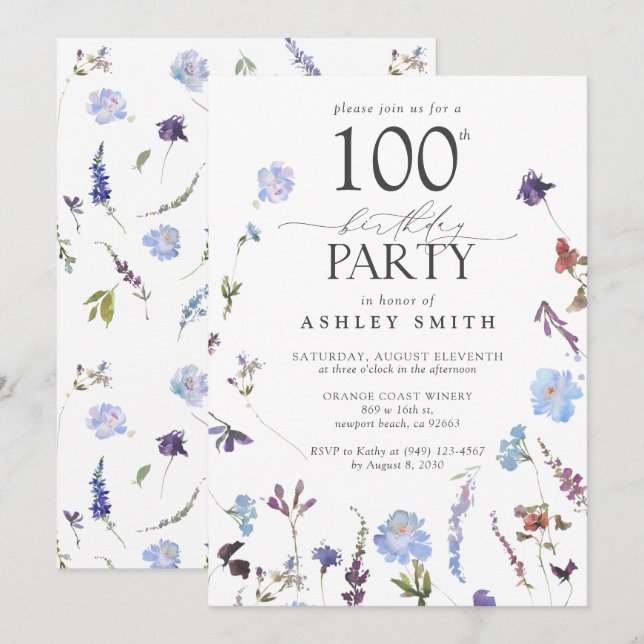 Elegant 100th Birthday Party Blue Wildflowers  Invitation (Front/Back)