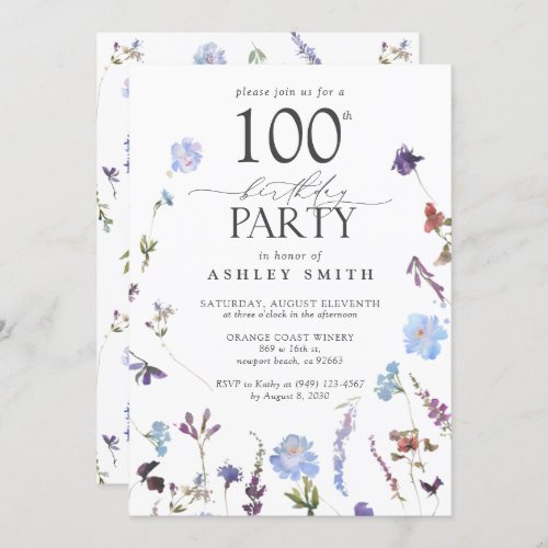 Elegant 100th Birthday Party Blue Wildflowers  Invitation