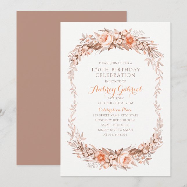 Elegant 100th Birthday Party Floral Fall Invitation (Front/Back)