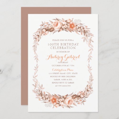 Elegant 100th Birthday Party Floral Fall Invitation