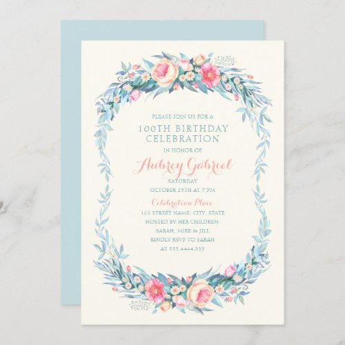 Elegant 100th Birthday Party Floral Watercolor Invitation