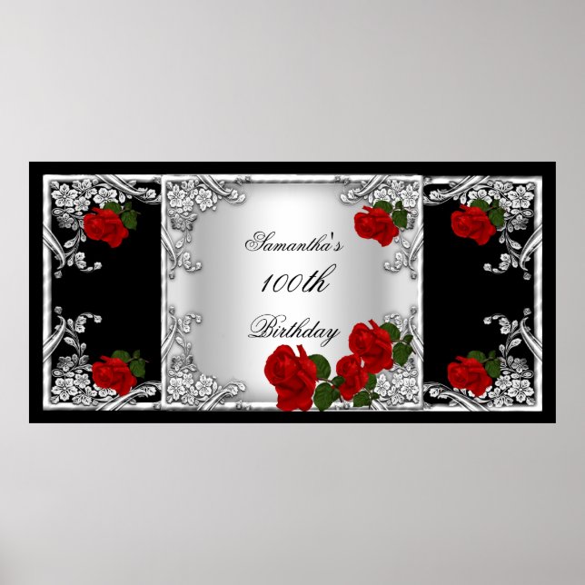 Elegant 100th Birthday Party Red Rose Silver Poster (Front)