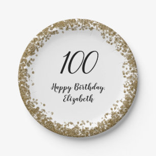 Elegant 100th Birthday Plates With Gold Sequins