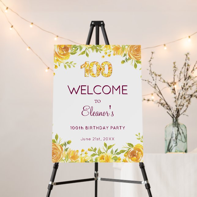 Elegant 100th Birthday – Yellow Roses Welcome Sign (In Situ (Stand))