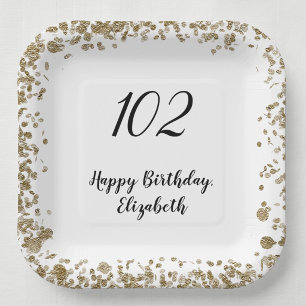 Elegant 102nd Birthday Black and Gold Paper Plates