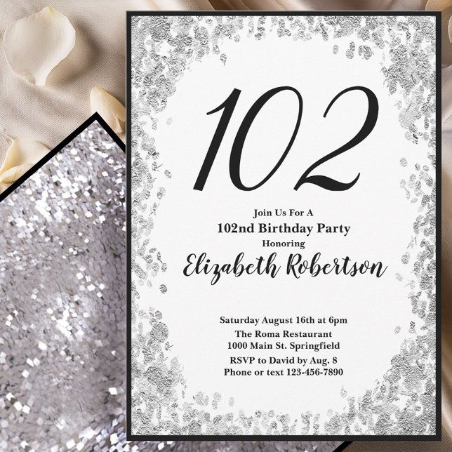 Elegant 102nd Birthday Invitation Silver and Black (Creator Uploaded)