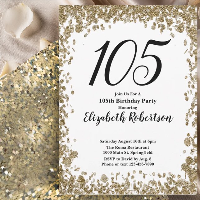 Elegant 105th Birthday Invitation For Her in Gold (Creator Uploaded)