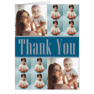 Elegant 10-Photo Collage, Silver & Blue Thank You Card