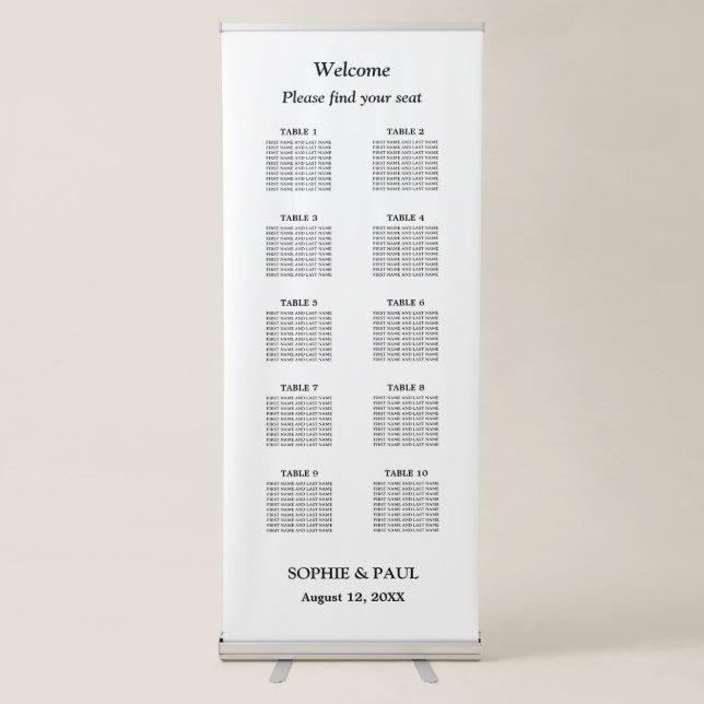 Elegant 10 Table Wedding Seating Chart Retractable Banner (Front)