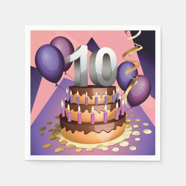 Elegant 10th Anniversary Celebration Cake Design Paper Napkins (Front)