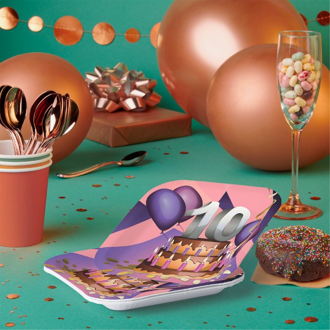 Elegant 10th Anniversary Celebration Cake Design Paper Plates (Creator Uploaded)