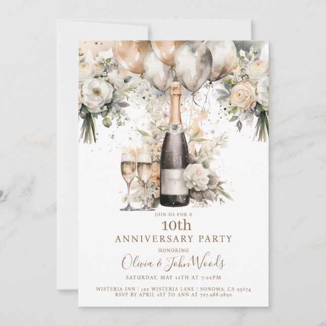 Elegant 10th Anniversary Party Champagne Balloons Invitation (Front)