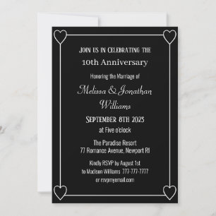 Elegant 10th Anniversary Romantic Hearts Black Invitation