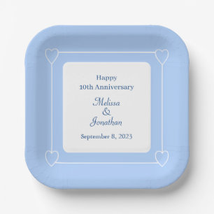 Elegant 10th Anniversary Romantic Hearts Blue Paper Plates